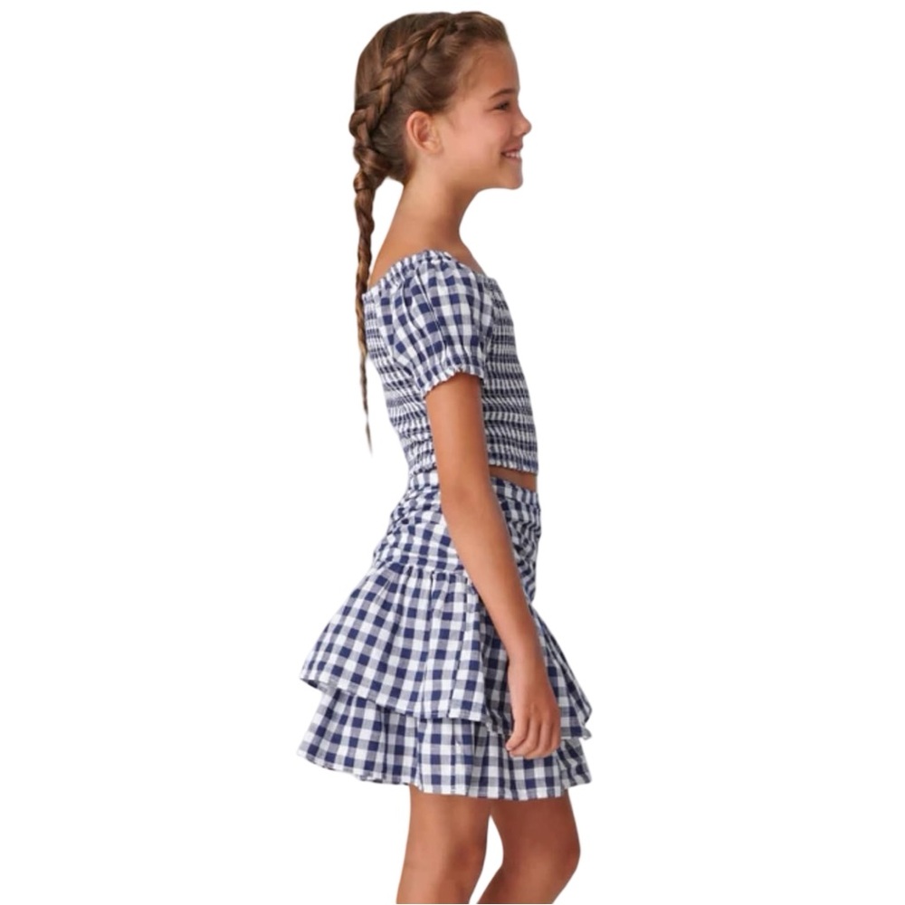 MAYORAL Girl’s Cute navy blue and white gingham top and skirt set.
